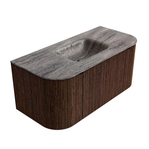 MONDIAZ KURVE-DLUX 100cm badmeubel ronding Links + Rechts kleur Walnut met 1 lade en 2 deuren. Wastafel GRUNNE Midden 1 kraangat Oza. SW1432704