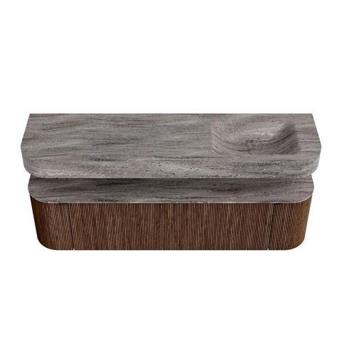 MONDIAZ THOR-DLUX 170cm badmeubel ronding links + rechts kleur Walnut met 1 lade en 2 deuren. Vrijhangende wastafel CLOUD Rechts zonder kraangat kleur Oza. SW1465682