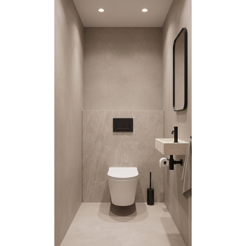 QeramiQ Dely Pack WC cuvette sans bride 36.3x51.7cm avec bâti-support Geberit UP320 abattant WC blanc mat frein de chute et plaque de commande noir mat boutons Rectangulaires SW804606