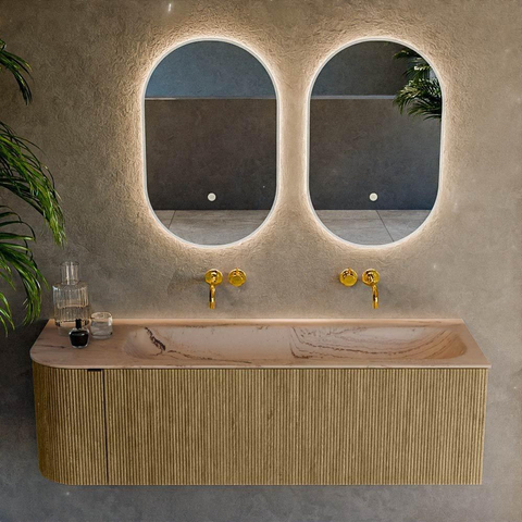 MONDIAZ KURVE-DLUX 145cm meuble de salle de bains arrondi gauche couleur Dusk avec 1 tiroir et 1 porte. Plan-vasque BIG LARGE droite sans trou de robinet Arena. SW1431404