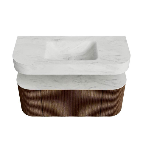 MONDIAZ THOR-DLUX 110cm meuble de salle de bains arrondi gauche + droite couleur Walnut avec 1 tiroir et 2 portes. Vasque suspendue CLOUD Milieu sans trou de robinet couleur Opalo. SW1462751