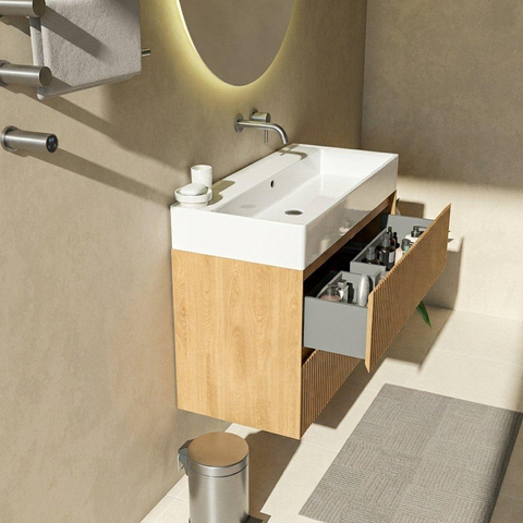 Saniclass Holz Atelier Ensemble meuble de salle de bains - 100x45x72cm - Legend lavabo en céramique blanc - 1 vasque - sans trou de robinet - 2 tiroirs - chêne natural mat (bois) SW1478479