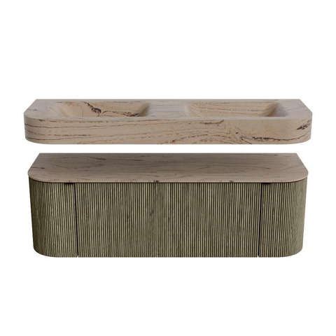 MONDIAZ THOR-DLUX 140cm meuble de salle de bains arrondi gauche + droite couleur Shadow avec 1 tiroir et 2 portes. Vasque suspendue CLOUD Double 2 trous de robinet couleur Arena. SW1464396