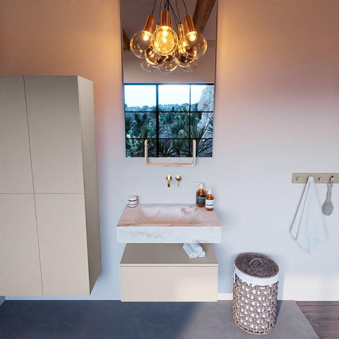 Mondiaz ALAN-DLUX Ensemble de meuble - 70cm - meuble Linen mat - 1 tiroir - Lavabo Cloud Frappe suspendu - vasque Centre - 0 trous de robinet SW805215