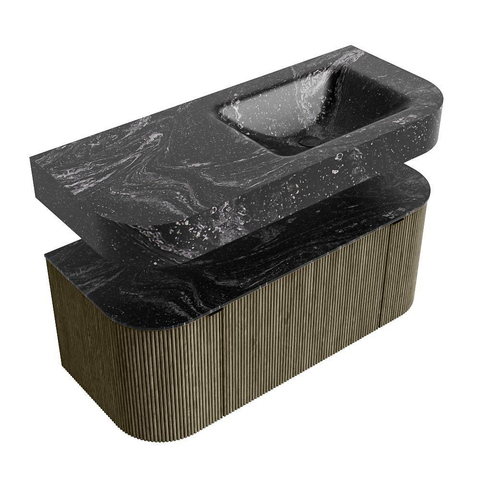 MONDIAZ THOR-DLUX 110cm meuble de salle de bains arrondi gauche + droite couleur Shadow avec 1 tiroir et 2 portes. Vasque suspendue CLOUD droite sans trou de robinet couleur Lava. SW1462875
