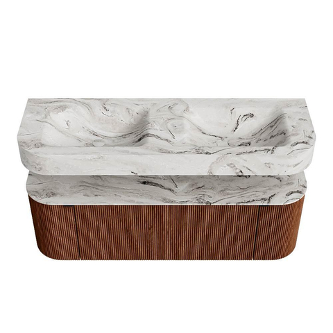 MONDIAZ THOR-DLUX 140cm meuble de salle de bains arrondi gauche + droite couleur Ruby avec 1 tiroir et 2 portes. Vasque suspendue CLOUD Double sans trou de robinet couleur Glace. SW1464243