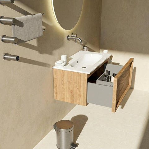 Saniclass Holz Frame Badkamermeubelset - 80x45x53.9cm - Chaci keramische wastafel wit - 1 wasbak - zonder kraangat - 1 lade - mat eiken natural (hout) SW1478790