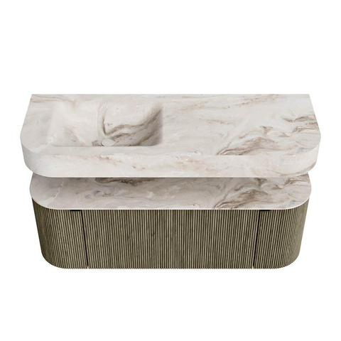 MONDIAZ THOR-DLUX 130cm meuble de salle de bains arrondi gauche + droite couleur Shadow avec 1 tiroir et 2 portes. Vasque suspendue CLOUD Gauche 1 trou de robinet couleur Frappe. SW1463758