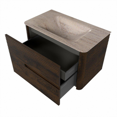 Mondiaz CIRO-DLUX Meuble de salle de bains - 80x45x50cm - lavabo solid surface Saba - 1 vasque au centre - sans trous de robinet - 2 tiroirs - Noyer SW1530653