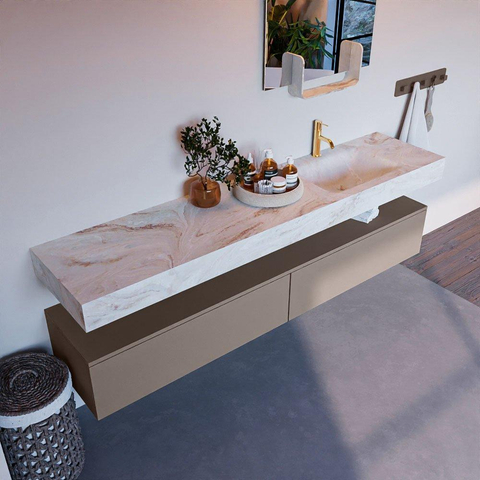 Mondiaz ALAN-DLUX Ensemble de meuble - 200cm - meuble Smoke mat - 2 tiroirs - Lavabo Cloud Frappe suspendu - vasque Droite - 1 trou de robinet SW805337