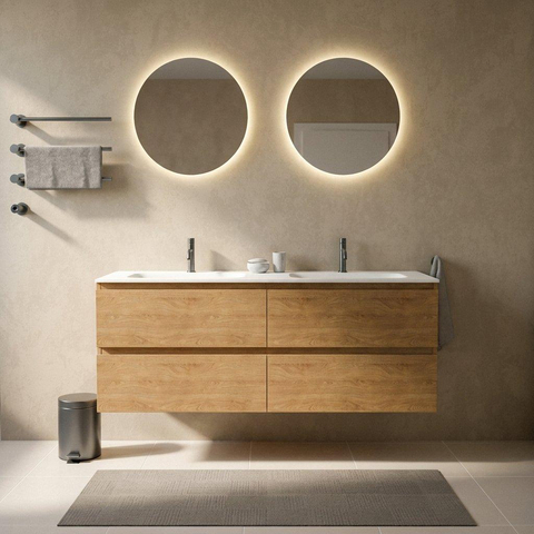 Saniclass Holz Pure Badkamermeubelset - 160x45x61.5cm - Flow solid surface wastafel wit - 2 wasbakken - 2 kraangaten - 4 lades - mat eiken natural (hout) SW1478460