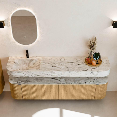 MONDIAZ THOR-DLUX Meuble de salle de bains 190cm arrondi gauche + droite couleur Oak avec 2 tiroirs et 2 portes. Vasque suspendue CLOUD Gauche 1 trou de robinet couleur Glace. SW1466377