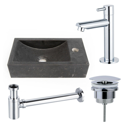 Saniclass Fuente fonteinset – rechthoekig – 40x22x10 cm – natuursteen zwart – chromen kraan SW1111500