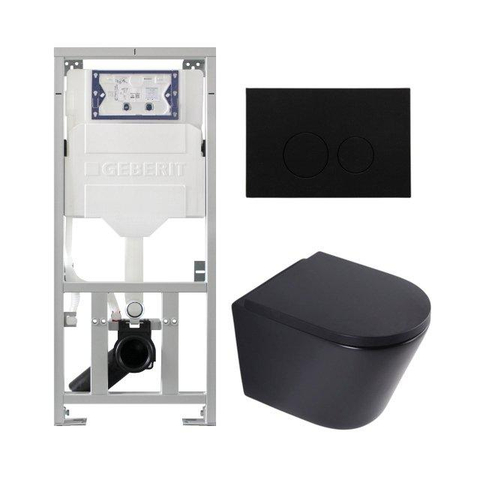QeramiQ Dely Toiletset - 36.3x51.7cm - diepspoel - rimless - Geberit UP320 inbouwreservoir - softclose toilet zitting - 35mm - kunststof mat zwarte bedieningsplaat - ronde knoppen - mat zwart SW1235426