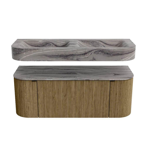 MONDIAZ THOR-DLUX 120cm meuble de salle de bains arrondi gauche + droite couleur Dusk avec 1 tiroir et 2 portes. Vasque suspendue CLOUD Double sans trou de robinet couleur Sombra. SW1463683