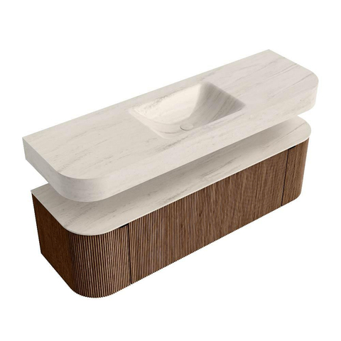 MONDIAZ THOR-DLUX 150cm meuble de salle de bains arrondi gauche + droite couleur Walnut avec 1 tiroir et 2 portes. Vasque suspendue CLOUD Milieu 1 trou de robinet couleur Meli. SW1464751