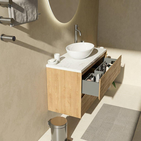 Saniclass Holz Pure Badkamermeubelset - 100x45x63cm - Dia marmeren wastafelblad gepolijst (wit) - 1 kraangat - 2 lades - mat eiken natural (hout) SW1478352