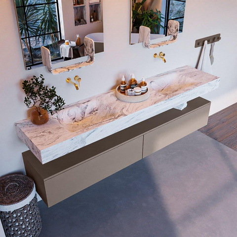 Mondiaz ALAN-DLUX Ensemble de meuble - 200cm - meuble Smoke mat - 2 tiroirs - Lavabo Cloud Glace suspendu - vasque Gauche et droite - 0 trous de robinet SW805200