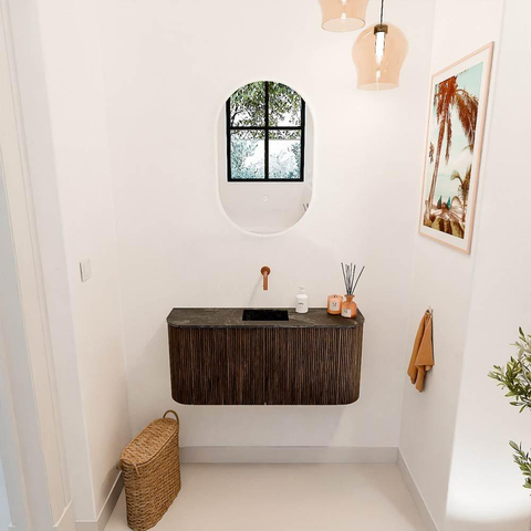 Mondiaz JOYA-DLUX 93.2cm toiletmeubel - ronding links en rechts kleur Walnut - Wastafel FAYE positie Midden Zonder kraangat kleur Lava. SW1422487