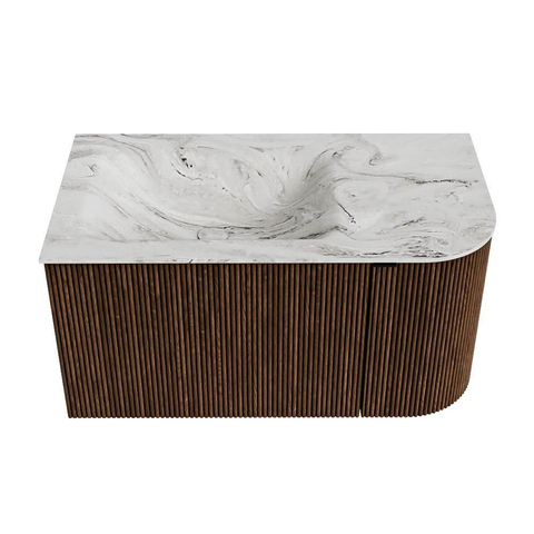 MONDIAZ KURVE-DLUX Meuble de salle de bains 85 cm avec module 25 R couleur Walnut avec 1 tiroir et 1 porte. Lavabo CLOUD gauche sans trou de robinetterie couleur Glace. SW1138004