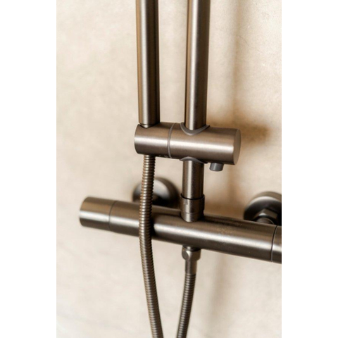 Fortifura Calvi Regendoucheset - thermostatisch - 25cm - hoofddouche - metalen slang - staaf handdouche - PVD - geborsteld gunmetal (antraciet) SW1204408