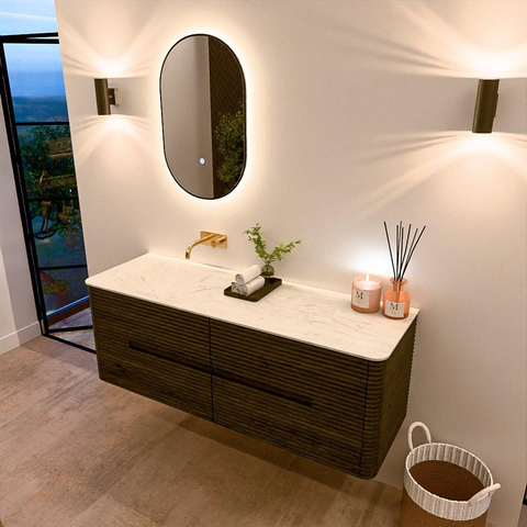 Mondiaz CIRO-DLUX Ensemble de meubles de salle de bains - 140x45x50cm - plan-vasque solid surface Opalo - 1 vasque à gauche - sans trous de robinetterie - 4 tiroirs - Shadow SW1532419