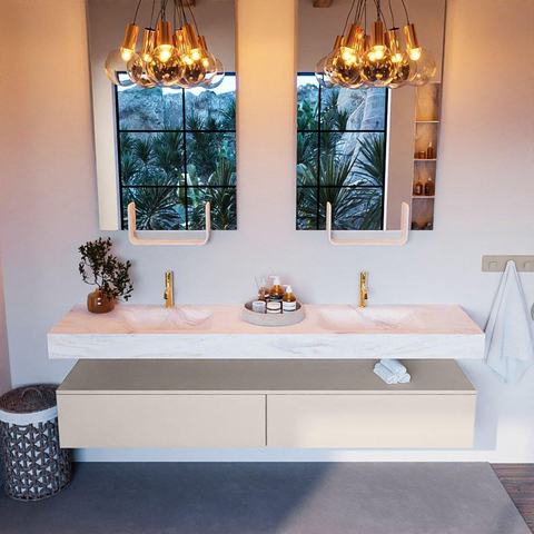 Mondiaz ALAN-DLUX Ensemble de meuble - 200cm - meuble Linen mat - 2 tiroirs - Lavabo Cloud Ostra suspendu - vasque gauche et droite - 2 trous de robinet SW807389