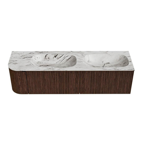 MONDIAZ KURVE-DLUX meuble de salle de bains 165 cm avec module 25 L couleur Walnut avec 2 tiroirs et 1 porte. Lavabo STOR SMALL double / à droite sans trou de robinet couleur Glace. SW1138101
