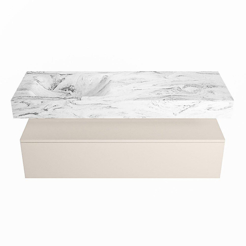 Mondiaz ALAN-DLUX Ensemble de meuble - 130cm - meuble Linen mat - 1 tiroir - Lavabo Cloud Glace suspendu - vasque Gauche - 0 trous de robinet SW806028
