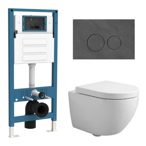 QeramiQ Dely Swirl Compact Toiletset - inbouwreservoir QeramiQ flush - 25mm zitting - marmeren bedieningsplaat donker - ronde knoppen - glans wit SW1590642