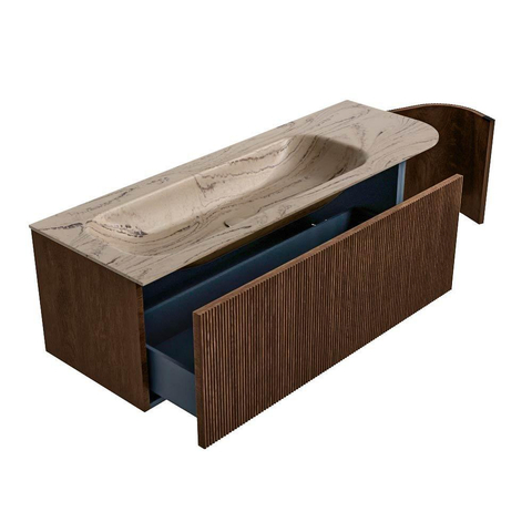 MONDIAZ KURVE-DLUX Meuble de salle de bains 135cm arrondi à droite couleur Walnut avec 1 tiroir et 1 porte. Lavabo BIG MEDIUM à gauche 1 trou de robinet Arena. SW1431216