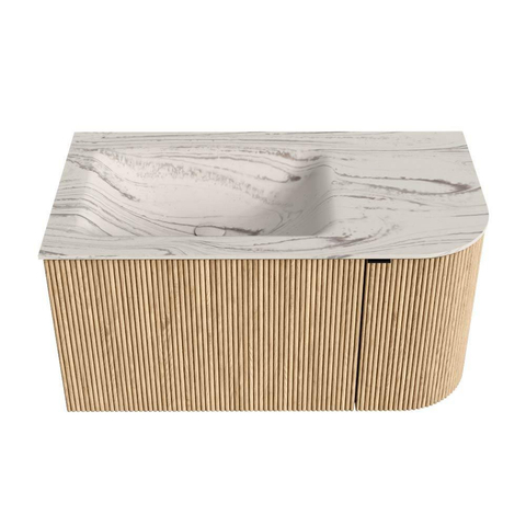 MONDIAZ KURVE-DLUX 85cm badmeubel ronding Rechts kleur Oak met 1 lade en 1 deur. Wastafel CLOUD Links zonder kraangat Nata. SW1434028