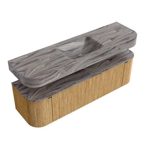 MONDIAZ THOR-DLUX 160cm meuble de salle de bains arrondi gauche + droite couleur Oak avec 1 tiroir et 2 portes. Vasque suspendue CLOUD Milieu 1 trou de robinet couleur Sombra. SW1465367
