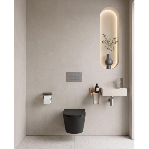 QeramiQ Dely Pack WC - 36,3x51,7cm - à fond creux - sans bride - réservoir encastré Geberit UP320 - abattant WC softclose 35 mm - plaque de déclenchement gris clair - boutons rectangulaires - noir mat SW1235412