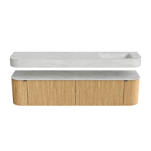MONDIAZ THOR-DLUX 190cm badmeubel ronding links + rechts kleur Oak met 2 lades en 2 deuren. Vrijhangende wastafel CLOUD Rechts zonder kraangat kleur Opalo. SW1466397
