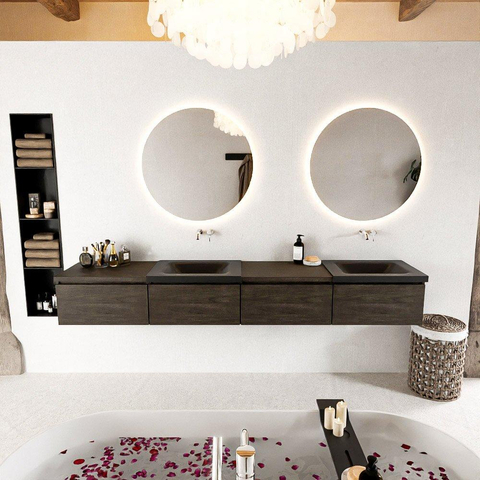 MONDIAZ BUKLA Meuble de salle de bains 240cm avec module 60 gauche couleur Dark Brown avec 4 tiroirs. Lavabo CLOUD double 0 trous de robinet couleur Urban. SW1382361
