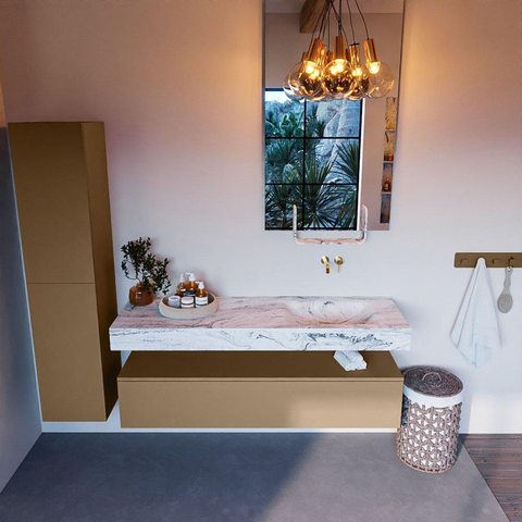 Mondiaz ALAN-DLUX Ensemble de meuble - 150cm - meuble Oro mat - 1 tiroir - Lavabo Cloud Glace suspendu - vasque Droite - 0 trous de robinet SW806023