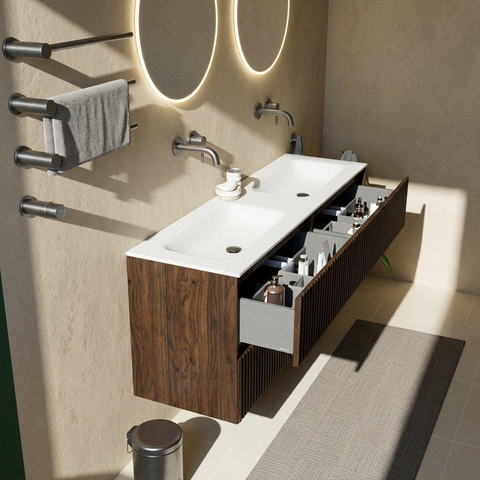 Saniclass Holz Atelier Badkamermeubelset - 160x45x61.5cm - Flow solid surface wastafel wit - 2 wasbakken - zonder kraangaten - 4 lades - mat eiken charcoal (hout) SW1478450