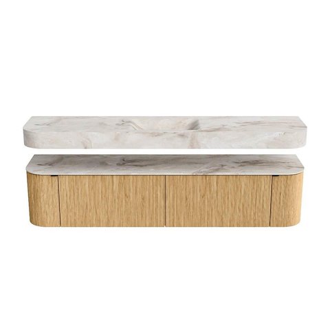 MONDIAZ THOR-DLUX 200cm meuble de salle de bains arrondi gauche + droite couleur Oak avec 2 tiroirs et 2 portes. Vasque suspendue CLOUD Milieu 1 trou de robinet couleur Frappe. SW1467015