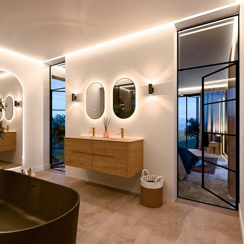 Mondiaz CIRO-DLUX Ensemble de meubles de salle de bains - 140x45x50cm - Plan vasque Solid surface Arena - 2 vasques Double - 2 trous de robinet - 4 tiroirs - Chêne SW1531347