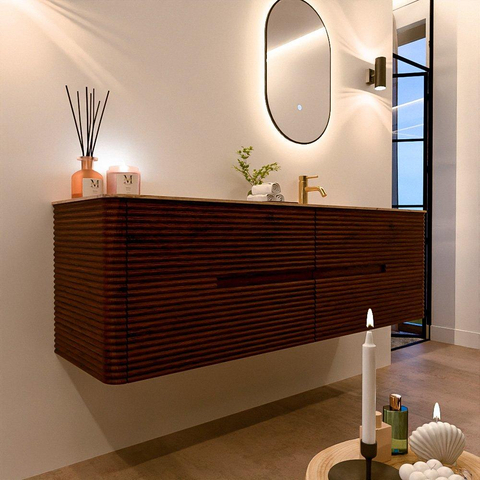 Mondiaz CIRO-DLUX Meuble de salle de bains - 160x45x50cm - Plan vasque Solid surface Arena - 1 bassin à droite - 1 trou de robinet - 4 tiroirs - Ruby SW1531708