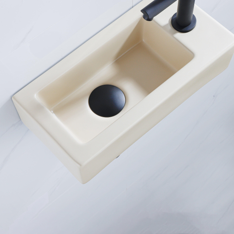 QeramiQ Fuente pack lave-mains – 37,5 x 18,5 x 9 cm – céramique beige – perçage à droite – robinet noir mat SW1232734