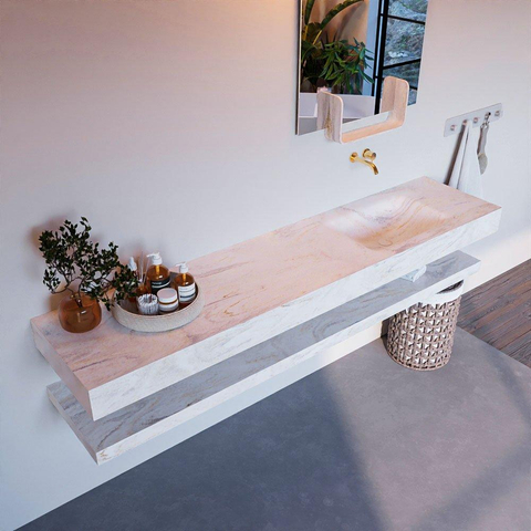 Mondiaz ALAN-DLUX Ensemble de meuble - 200cm - meuble Ostra mat - 0 tiroirs - Lavabo Cloud Ostra suspendu - vasque Droite - 0 trous de robinet SW809225