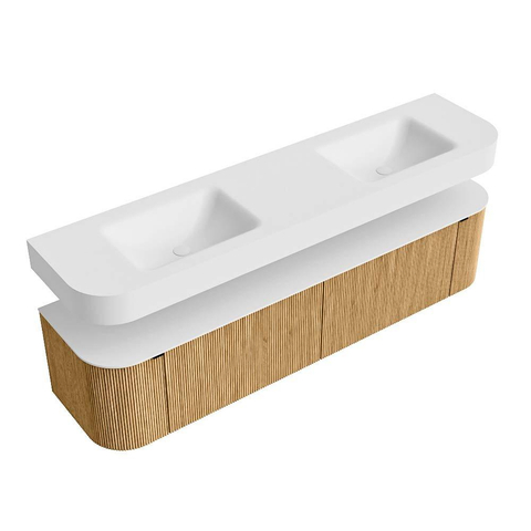 MONDIAZ THOR 190cm meuble de salle de bains arrondi gauche + droite couleur Oak avec 2 tiroirs et 2 portes. Vasque suspendue CLOUD Double sans trou de robinet couleur Talc. SW1466340