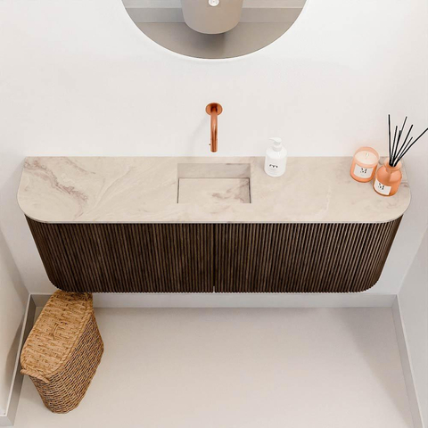 Mondiaz JOYA-DLUX 113.2cm toiletmeubel - ronding links en rechts kleur Walnut - Wastafel FAYE positie Midden Zonder kraangat kleur Frappe. SW1422355