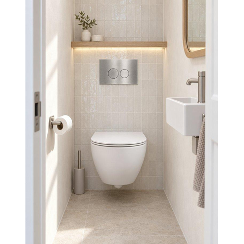 Pack WC QeramiQ Dely Swirl Compact - réservoir encastrable Geberit UP320 - avec bâti-support Burda - abattant slim - plaque de commande en métal inox - boutons ronds - blanc mat SW1595637