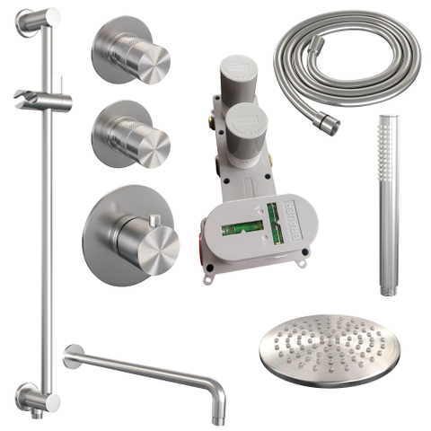 Brauer Brushed Edition Ensemble de douche pluie encastré - douche principale 20cm - bras mural - glissière - avec partie encastrable - boutons lisses - douchette à main 1 fonction - PVD - inox brossé SW538445