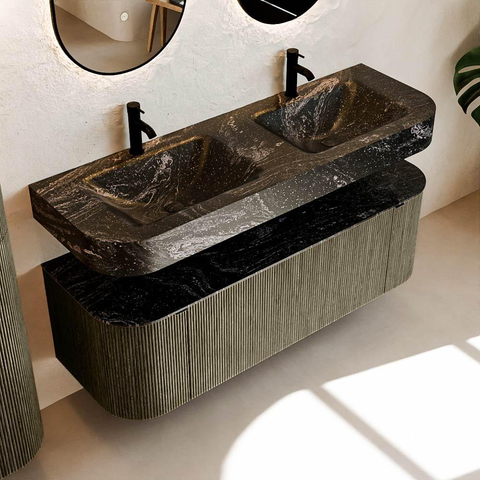 MONDIAZ THOR-DLUX 140cm meuble de salle de bains arrondi gauche + droite couleur Shadow avec 1 tiroir et 2 portes. Vasque suspendue CLOUD Double 2 trous de robinet couleur Lava. SW1464141