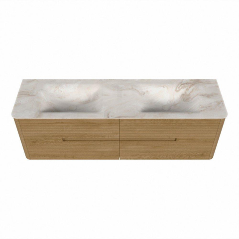 Mondiaz CIRO-DLUX Ensemble de meubles de salle de bains - 160x45x50cm - Plan-vasque solid surface Frappe - 2 vasques double - sans trous de robinetterie - 4 tiroirs - Chêne SW1530901