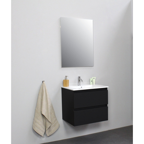 Basic Bella Badkamermeubelset - 60x55x46cm - 1 wasbak - Keramiek - Wit - 1 kraangat - Wandspiegel zonder verlichting - Melamine Zwart mat SW491865